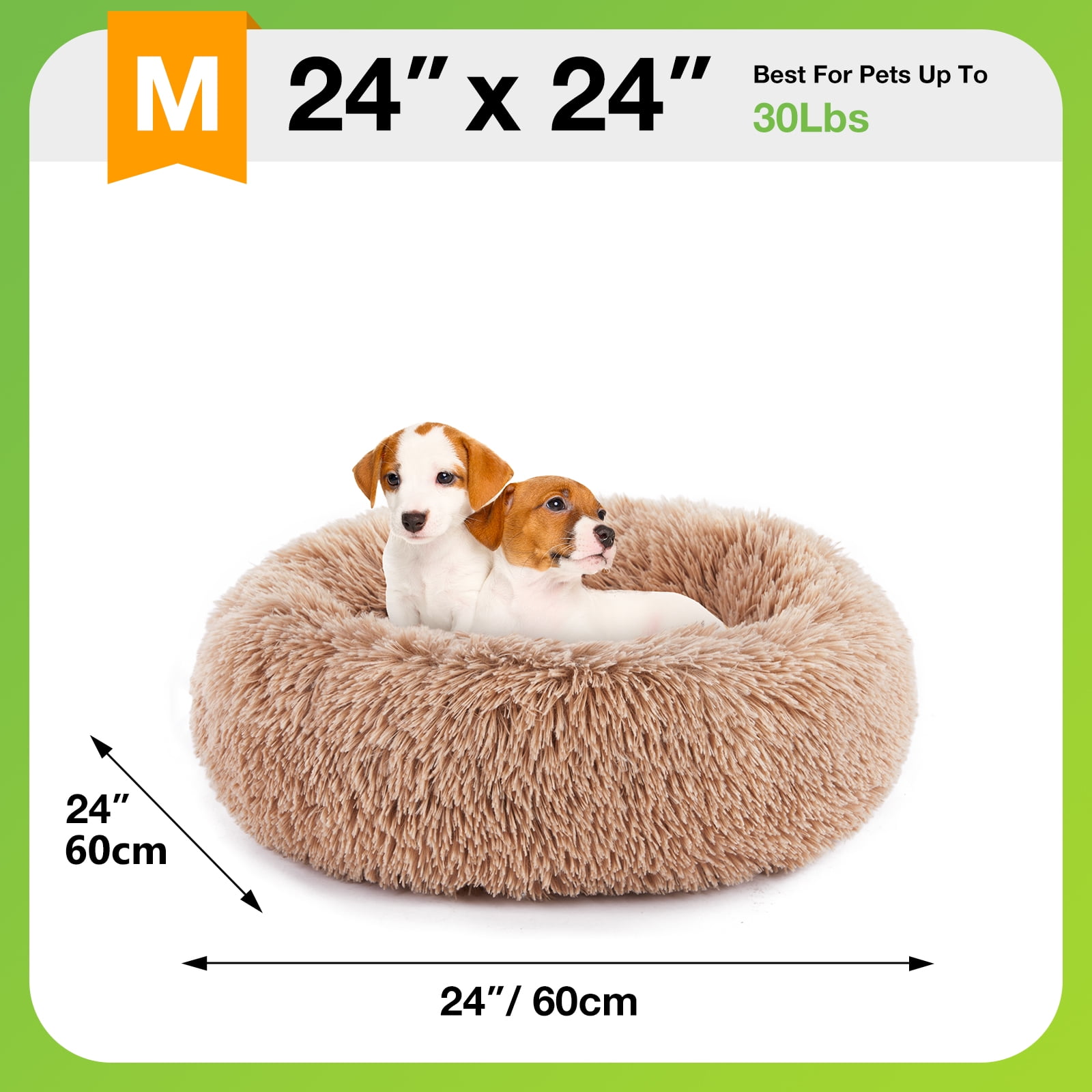GIANNA Calming Donut Dog & Cat Bed, 24 Inches Round Fluffy Dog Beds for Medium Dogs, Anti-Anxiety Plush Dog Bed, Machine Washable Pet Bed, Brown