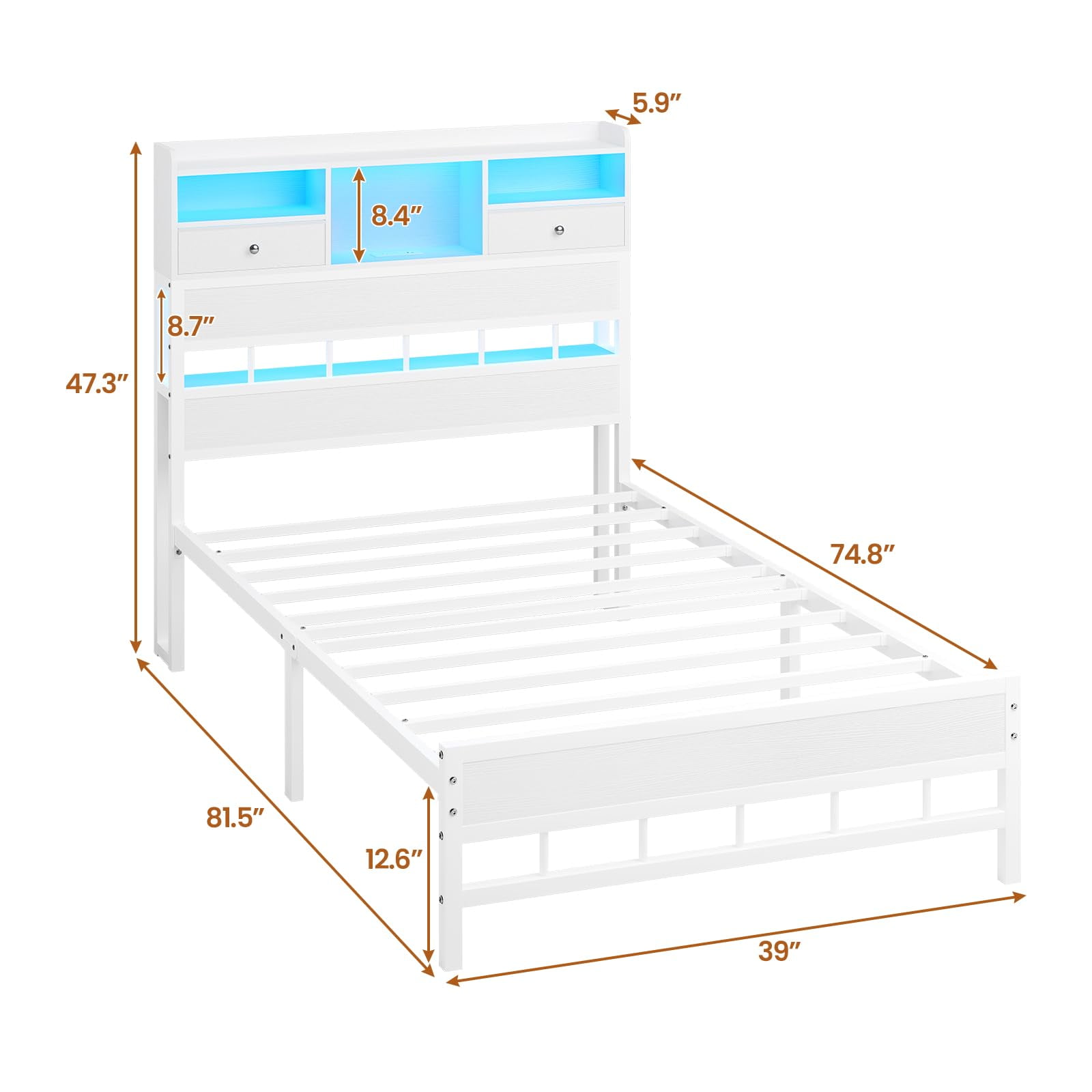 White Twin Bed Frames,with LED Light & Charging Station, Twin Size Bed Frame with Fabric Drawers and 5 Storage Shelves, Platform Bed Frames with Headboard ,No Box Spring Needed