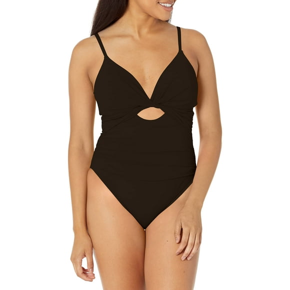 La Blanca Women's Island Goddess Twist Keyhole Front Over The Shoulder One Piece Swimsuit, Black, 10