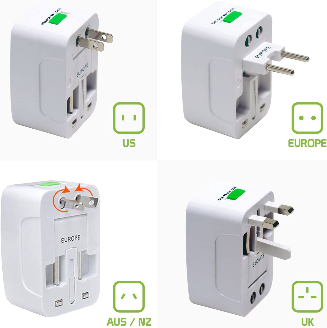 2 Pack Universal Travel Portable Worldwide Power Adapter Converter All in One International Out of Country Travel Wall Plug for Input in USA EU UK France Italy Australia India Outlets