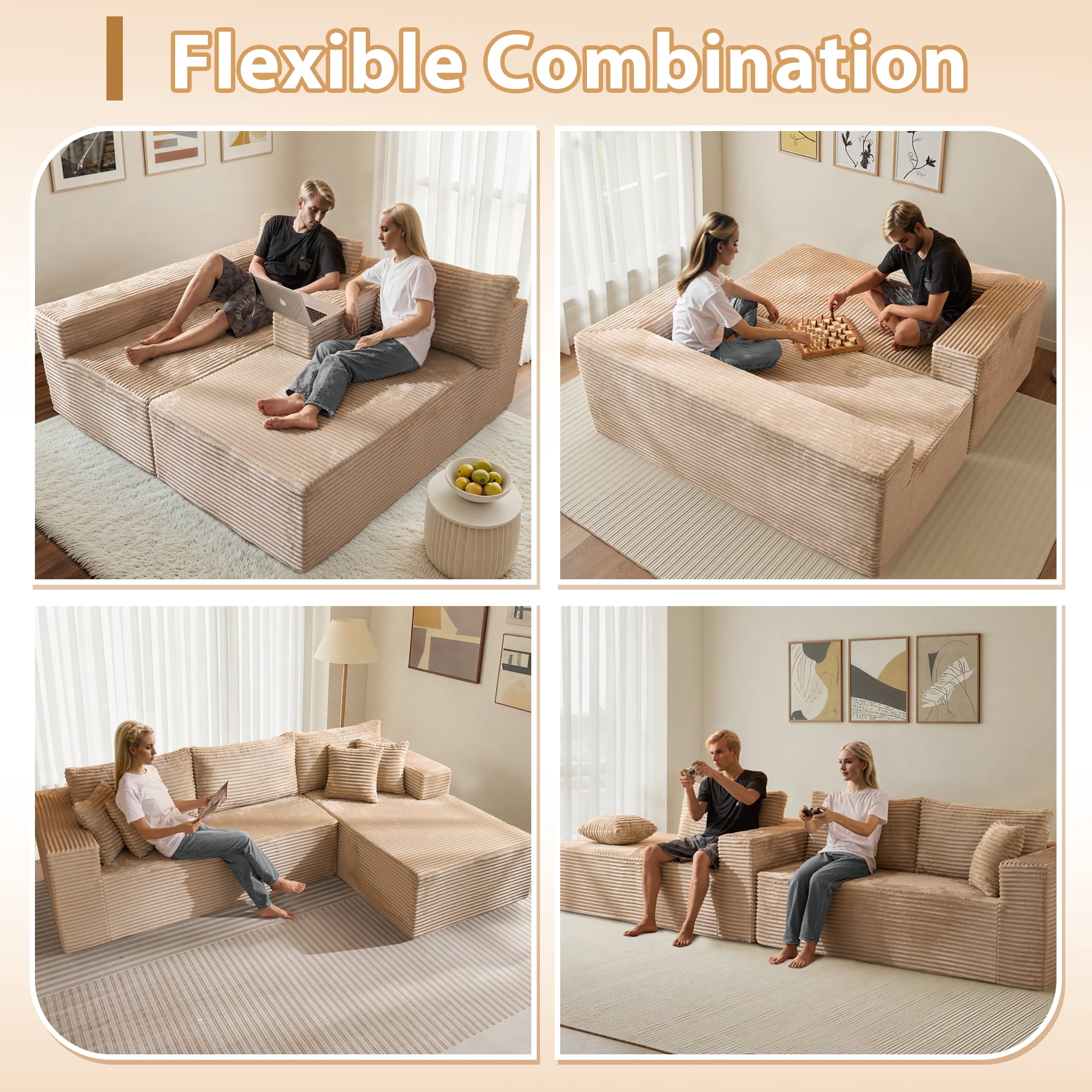 Vcatnet 106" Modular Sectional Sofa Couch Plush Corduroy Cloud Couch L Shaped Modern Minimalist Couch with Chaise for Living Room, Beige