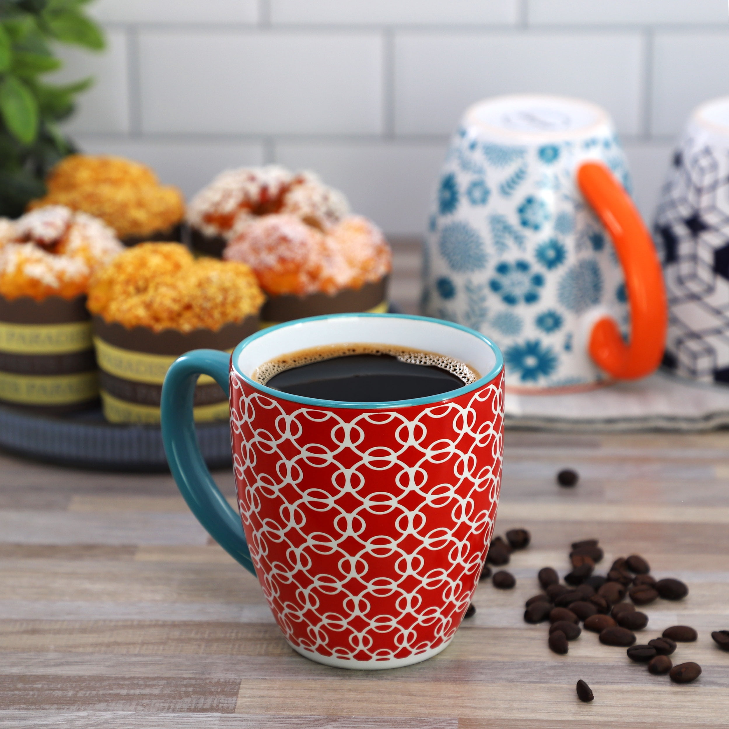 Elama Rory 6 Piece 16 Ounce Assorted Design Stoneware Mug Set in Assorted Colors