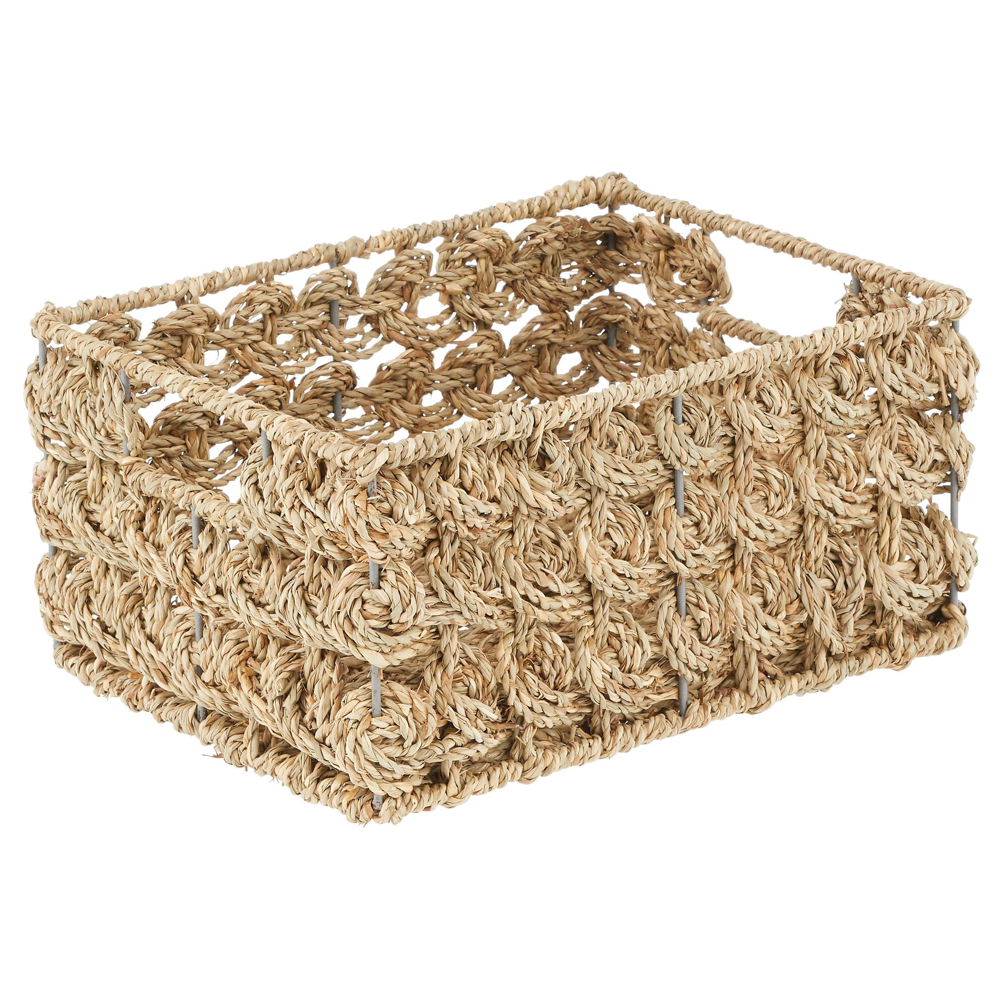 mDesign Seagrass Rose Weave Household Basket with Handles, 3 Pack, Natural/Tan