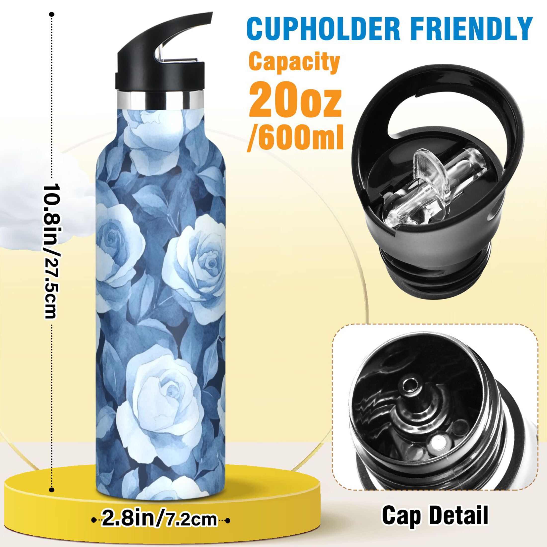 600ML Stainless Steel Insulated Cup Sports Water Bottle Portable Thermos Cup Water Glasses Insulated Tumblers Convenient and Durable Blue Roses