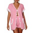 thumbnail image 2 of Womens 2 Piece Set Fringed Trim Short Sleeve Vneck Button Up Top Shorts Lounge Set with Pockets Pink M, 2 of 7
