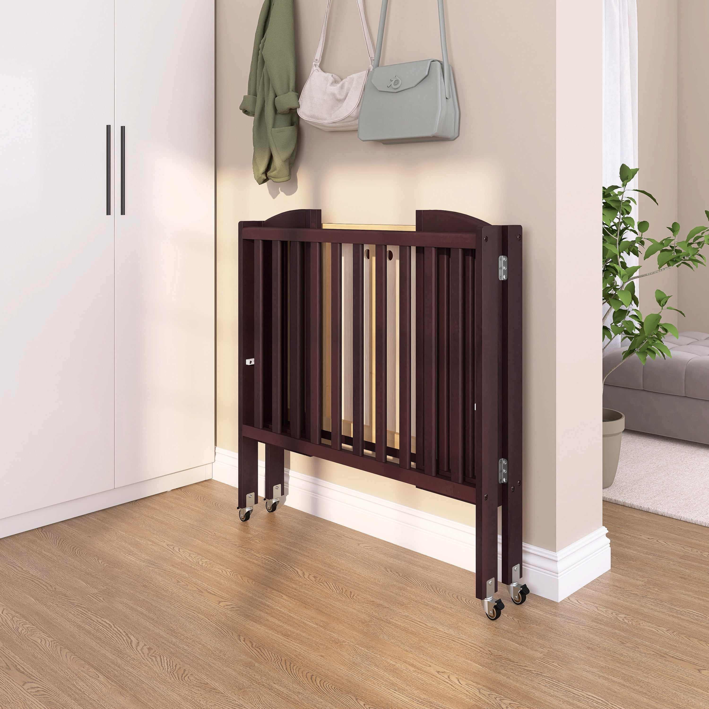 Dream On Me 2-in-1 Folding Portable Mini Crib in Espresso, Mattress Pad Included, Easy to Fold and Store Baby Crib, Two Adjustable Mattress Height positions Convertible Crib