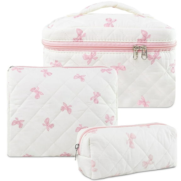 Rirool 3Pcs Quilted Cotton Makeup Bag Set, Travel Cosmetic Toiletry Bags with Zipper, Large Capacity Portable Storage Organizer Pouch for Women Girls, Floral Bow Design – Pink