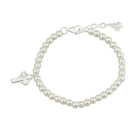 Solvar Communion Pearl Bracelet, Rhodium Plated Charm with Celtic Cross