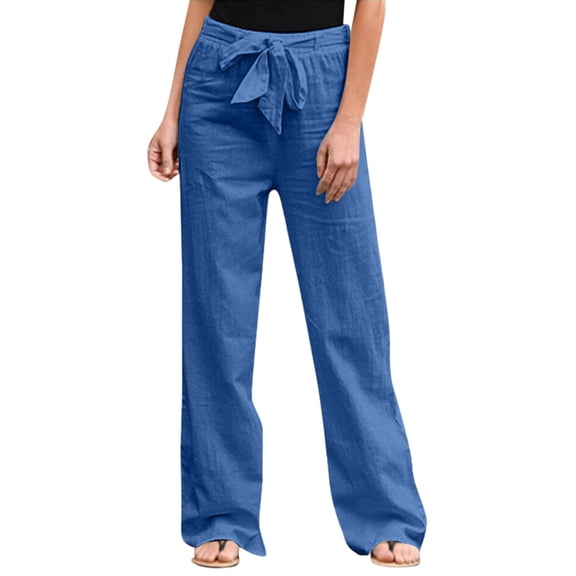 Minjewel Women's Solid Color Elastic Waist Loose Fit Breathable Cotton Linen Pants, Casual Trousers for Summer and Beach, Lightweight Comfortable,Blue,M