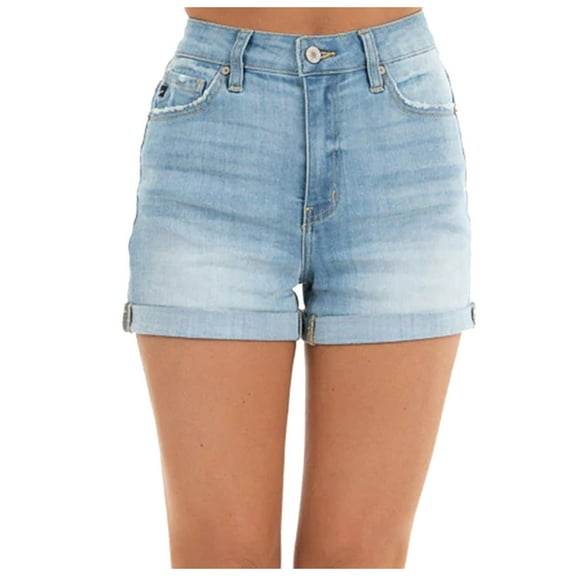 High Rise Jean Shorts for Women Casual Cuffed Denim Shorts Stretchy Folded Hem Straight Hot Short Jeans