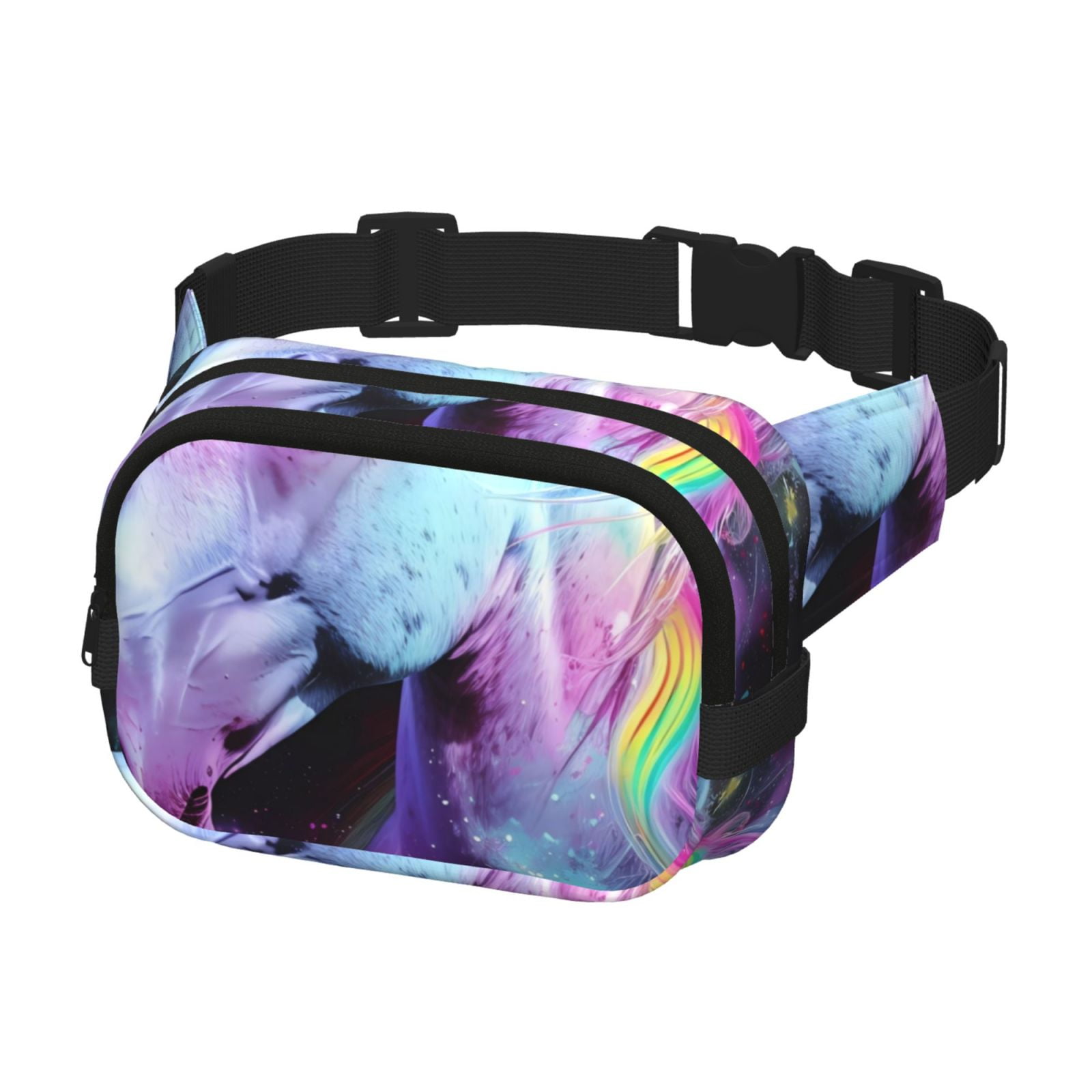 Picia Rainbow Spotted White Horse Print Square Double-Layer Waist Bag Mini Adjustable Waist Belt Bag Exercise Running Travel Hiking