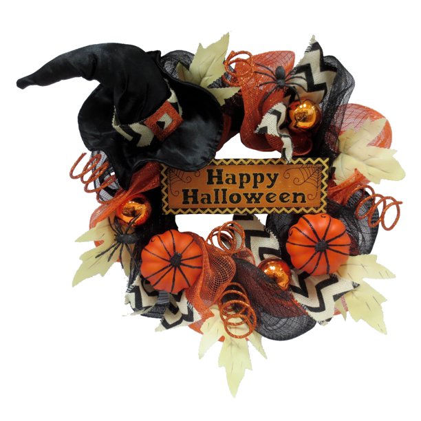 Way To Celebrate Halloween Witch Hat &amp; Pumpkin Sign Mesh Wreath