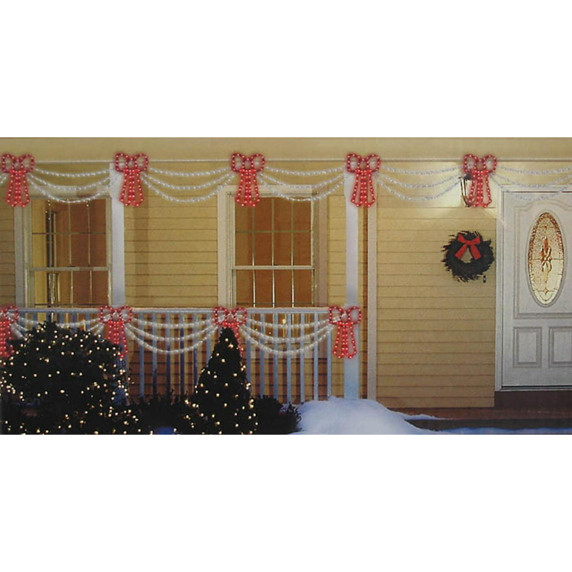 Set Of Swag Style Christmas Lights With Red Shimmering Bow White