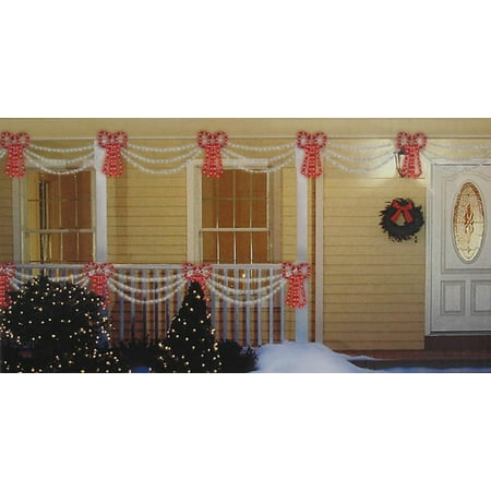 Set of Swag Style Christmas Lights with Red Shimmering Bow - White Wire