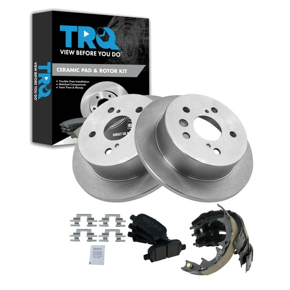TRQ Rear Brake Pad & Rotor Kit Brake Pads Brake Rotor Parking Brake Shoe Set Ceramic Fits Select 2005-2007 Toyota Avalon 2002-2006 Camry 2004-2008 Solara