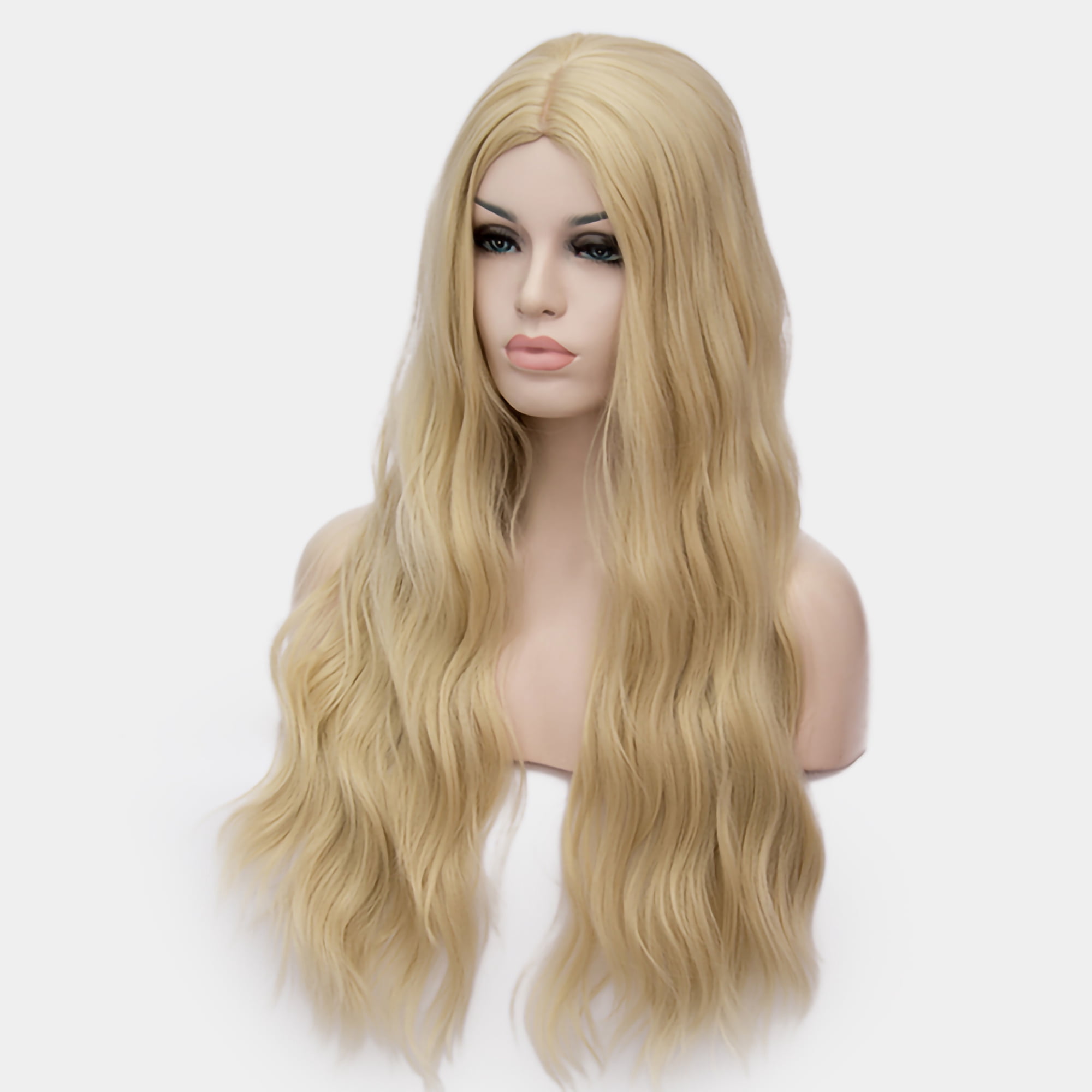 Unique Bargains Human Hair Wigs for Lady 28" Curly Wig Cap Fluffy Curly Wavy Bright Gold Tone