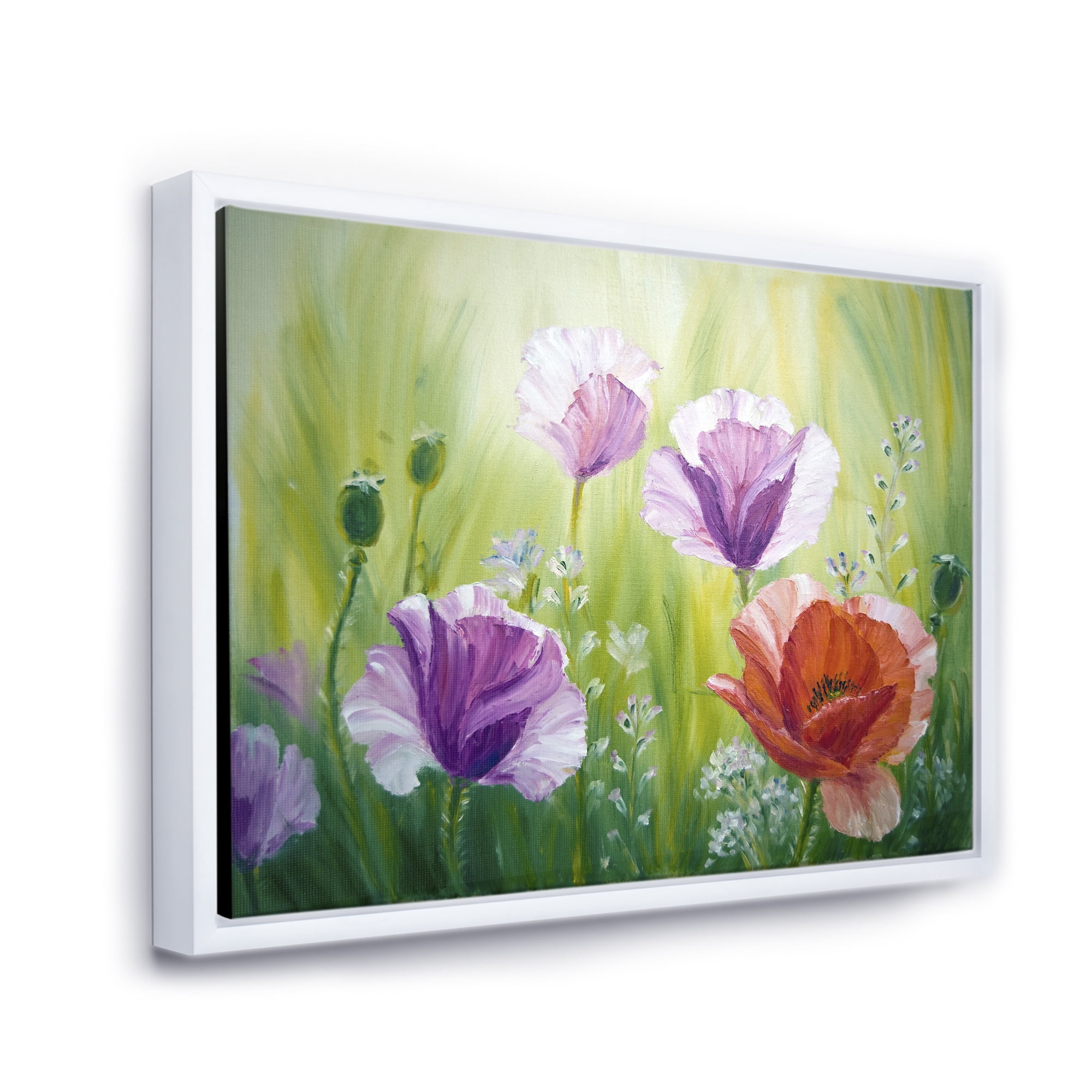 Designart 'Blossoming Red and Purple Poppies In The Morning II' Traditional Framed Canvas Wall Art Print