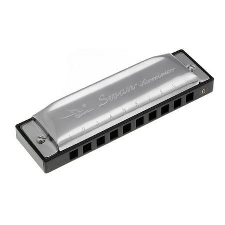 10 Holes Harp Swan Diatonic Harmonica 10 Holes Blues Harp Mouth Organ Key of G Reed Instrument with Case Silver ()