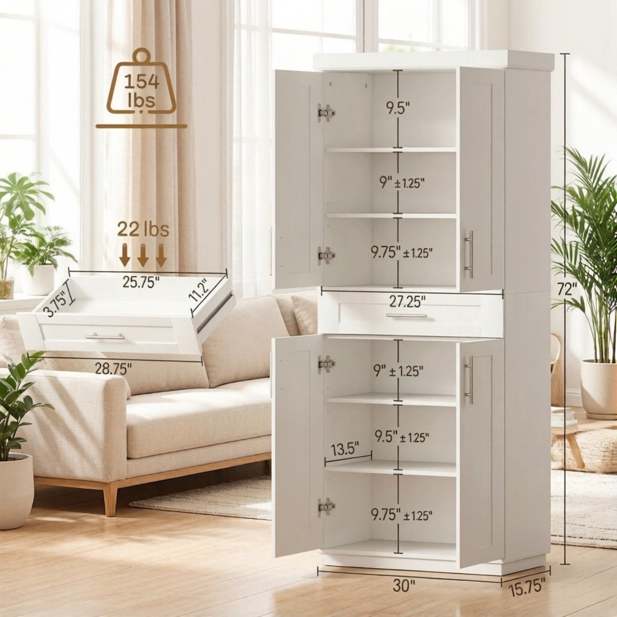 72" Tall Kitchen Pantry Cabinet with Drawer & Adjustable Shelves, Freestanding Storage Cabinet with Doors, Modern Farmhouse Cupboard Organizer for Kitchen Dining Room Living Room, White