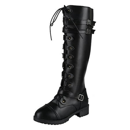 

GENILU Ladies Comfort Non Slip Winter Knee High Shoes Lace Up Riding Boots Walking Chunky Bike Boot Black 5