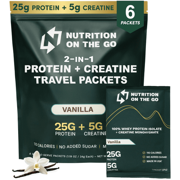 Nutrition On The Go Whey Protein Isolate   Creatine packets – 25g Protein   5g Creatine - Travel Protein Powder - Vanilla, 6-Pack
