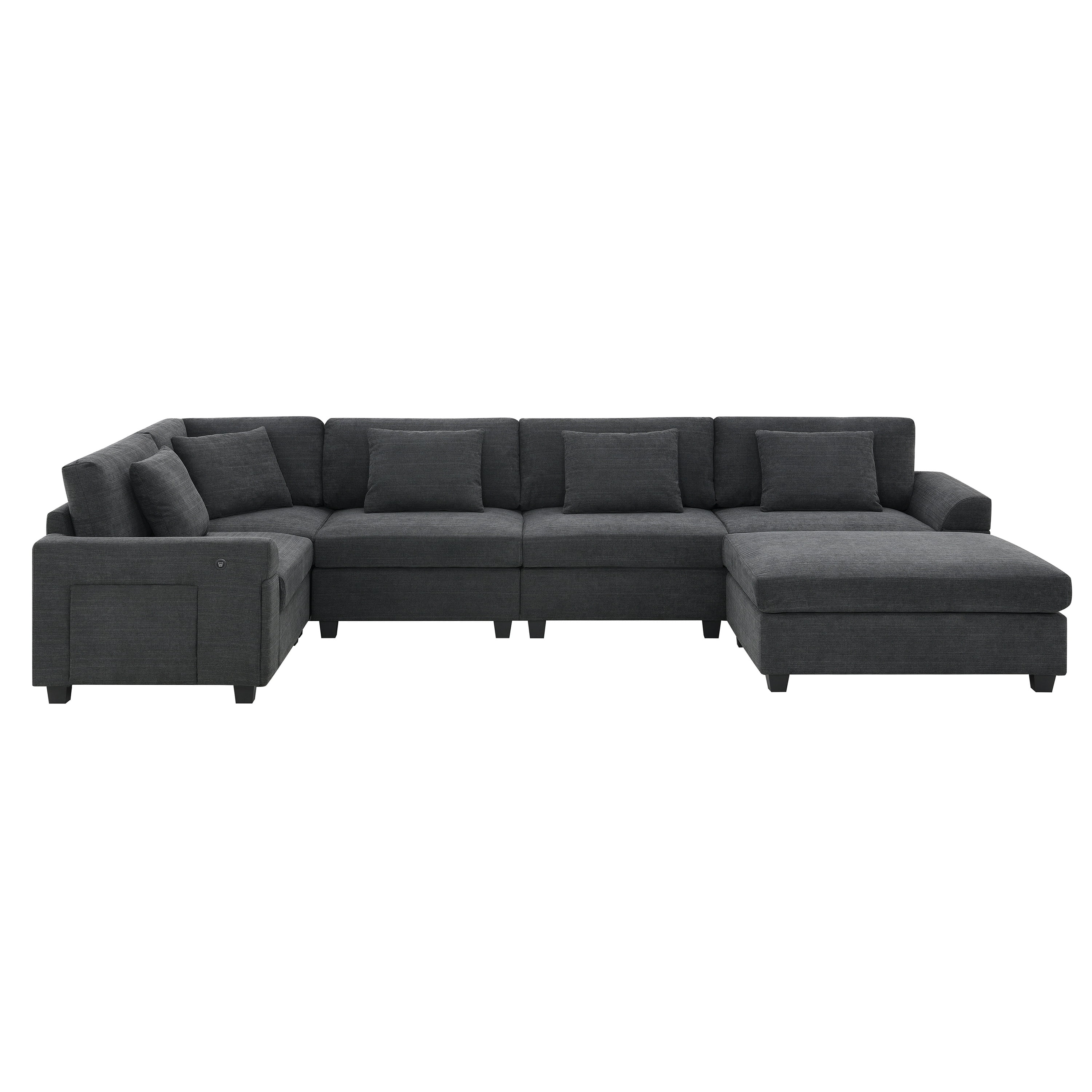 MAYEERTY 128x67" U-Shaped Sectional Sofa - 6-Seat Chenille Couch with Ottoman/Armrest Storage/Cup Holders/USB, Wide Seat for Living Room/Apartment, 2 Colors