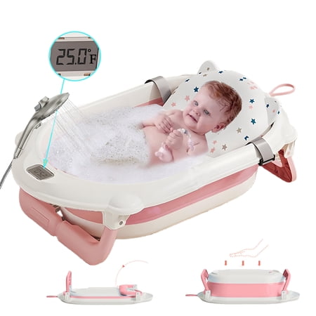 AJONALAA Folding Baby Bathtub with Real-Time Temperature & Showerhead Holder,Portable Infant Tub(Pink,Pad)