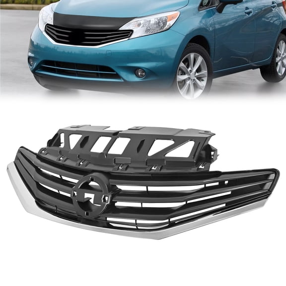 Fit 2014-2017 Nissan Versa Note Black Front Bumper Grille W/Chrome Trim