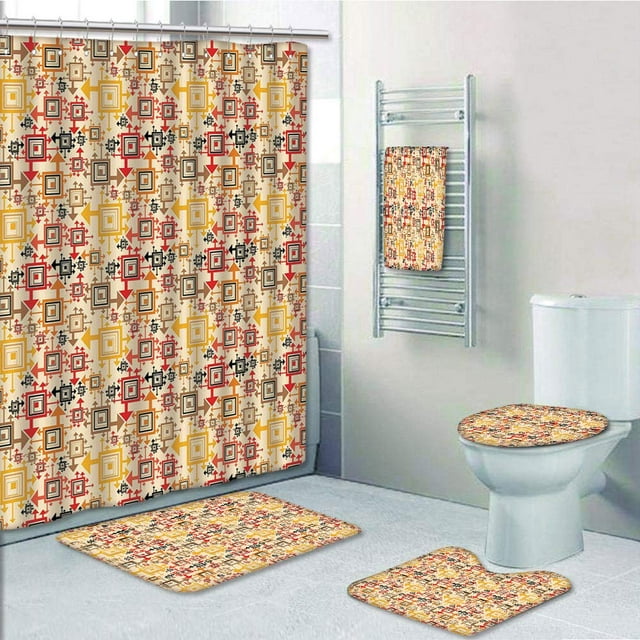 EREHome Géométrique Fun Carrés Numérique Créatif Dimension Artistique Trippy Formes Mathématiques 5 Pièce Salle de Bain Ensemble Douche Rideau Serviette Bain Tapis Contour Tapis et Couvercle de Toilette