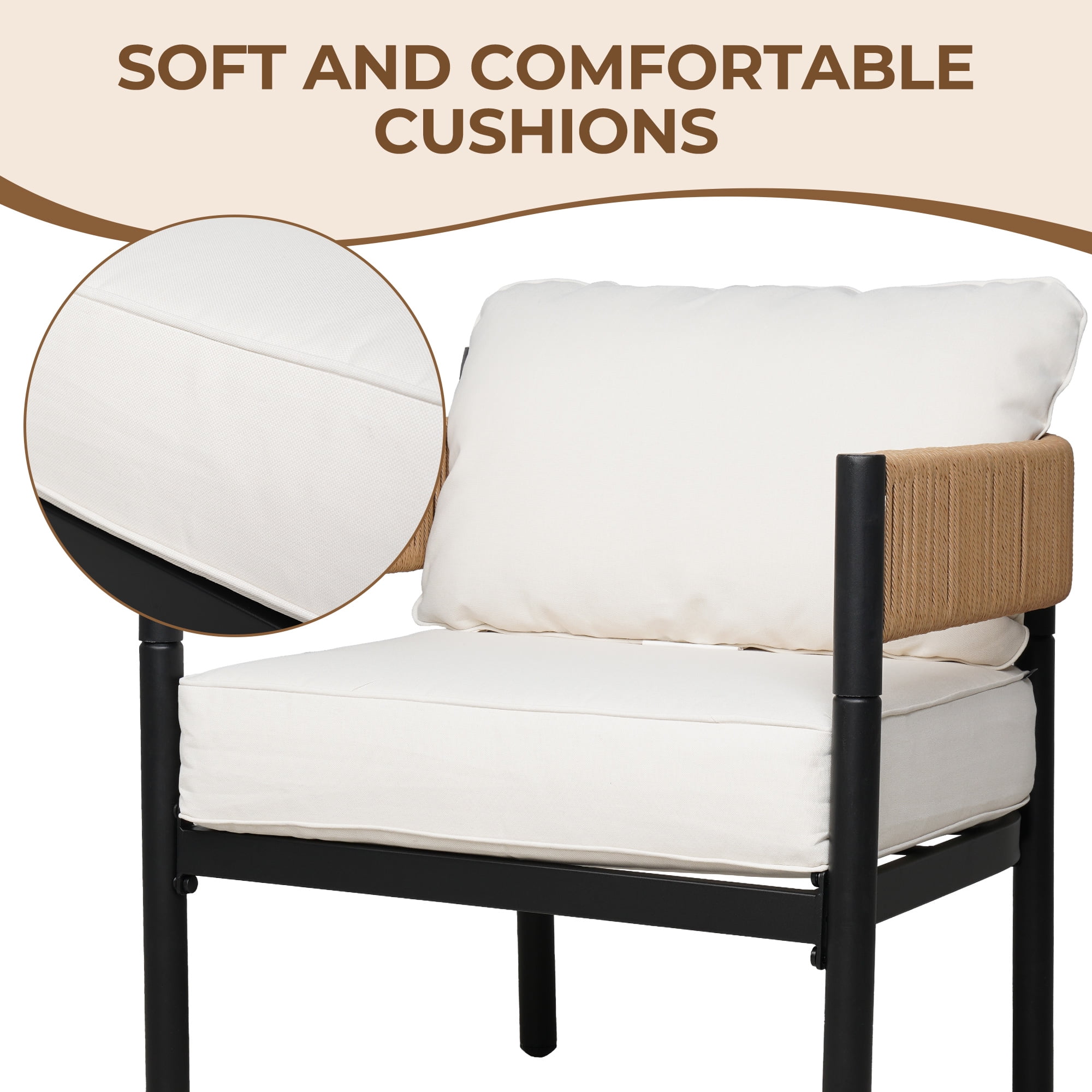 GRANDPATIO Woven Wicker 5-Piece Steel Outdoor Conversation Sets with Cushion, Khaki Wicker & Beige Cushion
