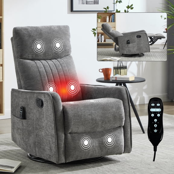 39" Rocker Recliner Chair with Heat Massage, 360° Swivel Recliner with Side Pockets and Adjustable Footrest, Rocker Recliner Nursery Glider Chair for Living Room, Dark Gray