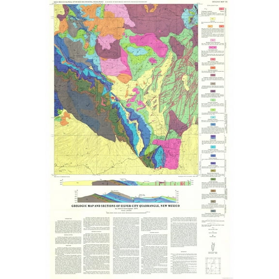 Historic Mine Map - Silver City Quad New Mexico Mines - Cunningham 1974 - Vintage Wall Art