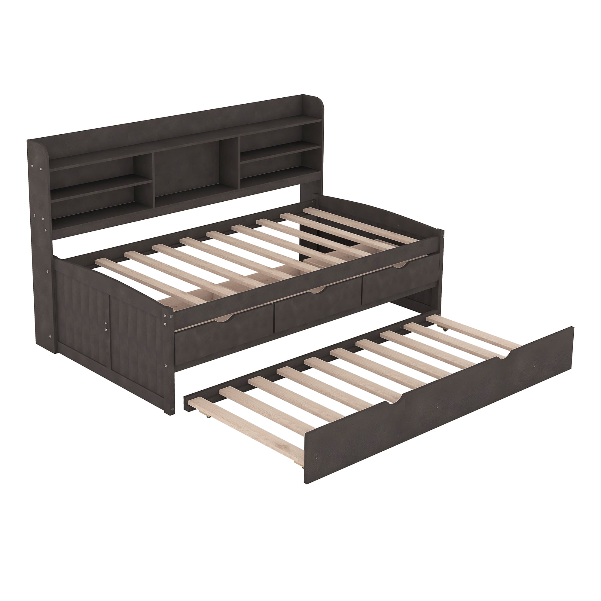 EUROCO Twin Size Captain Bed, Daybed with Trundle and Bookcase, Drawers and Shelf Platform, Espresso
