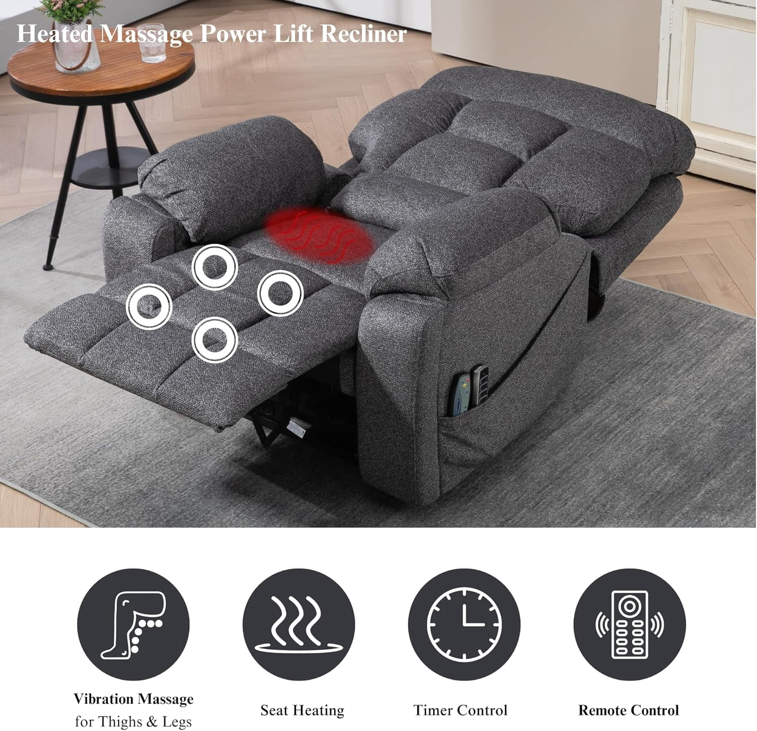 Lay Flat Power Lift Recliner Chair, | 400lbs | 25.5in Extra Wide | 4-Motor | Heat, Massage, Hidden Cup Holder, Sleeping | Big Man, Elderly