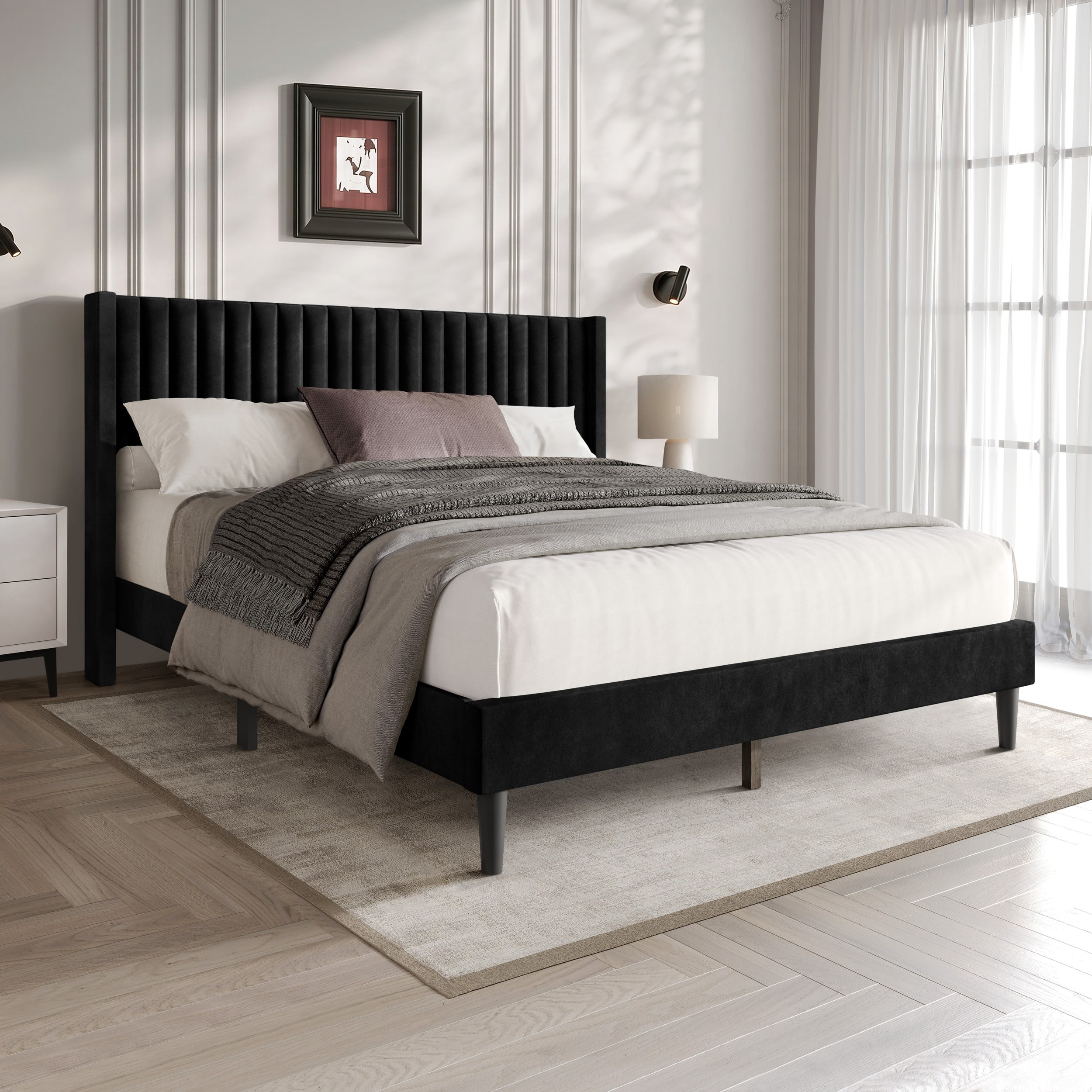 Favorer Montrose Upholstered Wingback Bed, Channel Tufted Headboard, Platform Design
