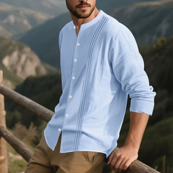 VgaVtl Mens Shirts Long Sleeve Collared Cotton Linen Clothes for Men Workout Blue Solid Color Button down Loose Soft Shirts,S