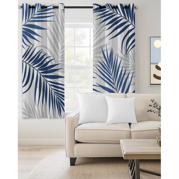 Navy Palm Leaves Blackout Curtains Light Blocking Print Window Curtains, Summer Tropical Botanical Leaf Gray Thermal Insulated Window Drapes for Living Room Kitchen Cafe (2 Panels, 104"W x 84"L)