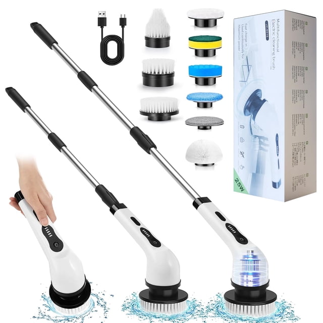 DASHLINE Cepillo Electrico para Baño Limpieza,con 9 Cabezales de Cepillo para Polvo reemplazables,480-580RPM,Cepillo de Limpieza inalámbrico,Mango de extensión Ajustab