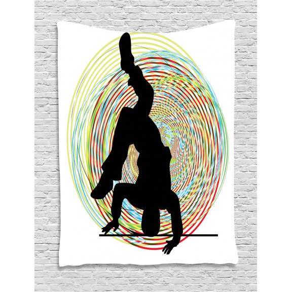 Hip Hop Tapestry, Teenage Hip Hop Dancer Dancing on Hand Stand Doing Head Spin Colorful Image Print, Wall Hanging for Bedroom Living Room Dorm Decor, 40W X 60L Inches, Multicolor, by Ambesonne