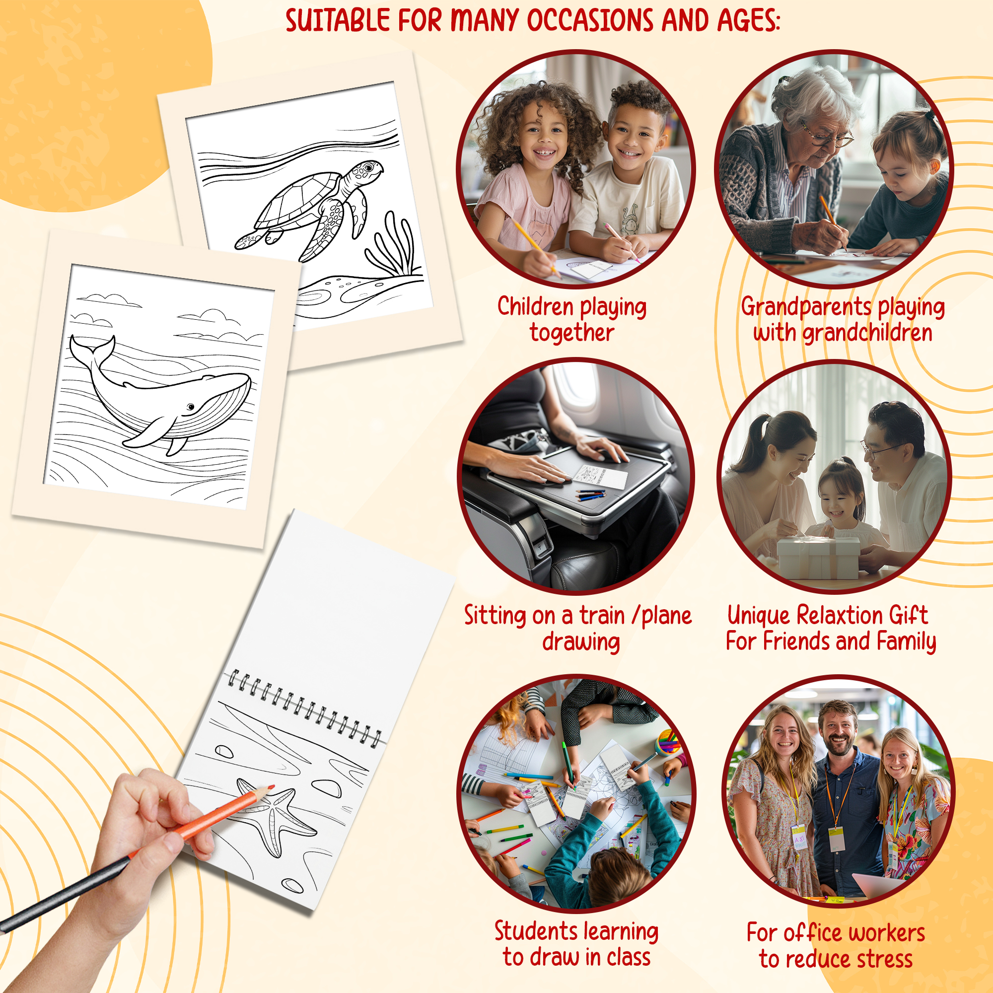 Minimalist Mindfulness Mini Coloring Book Spiral Bound for Adult, Pack 6, 3.5” x 3.5” Pocket Size, 40 Coloring Pages Stress & Anxiety Relief, Travel for Women Men