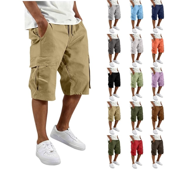 KeShDi Cargo Shorts for Men Solid-Color Loose Casual Multi-Pocket Large-Pocket Drawstring Workwear Shorts Capris Pants Dark Gray 2X