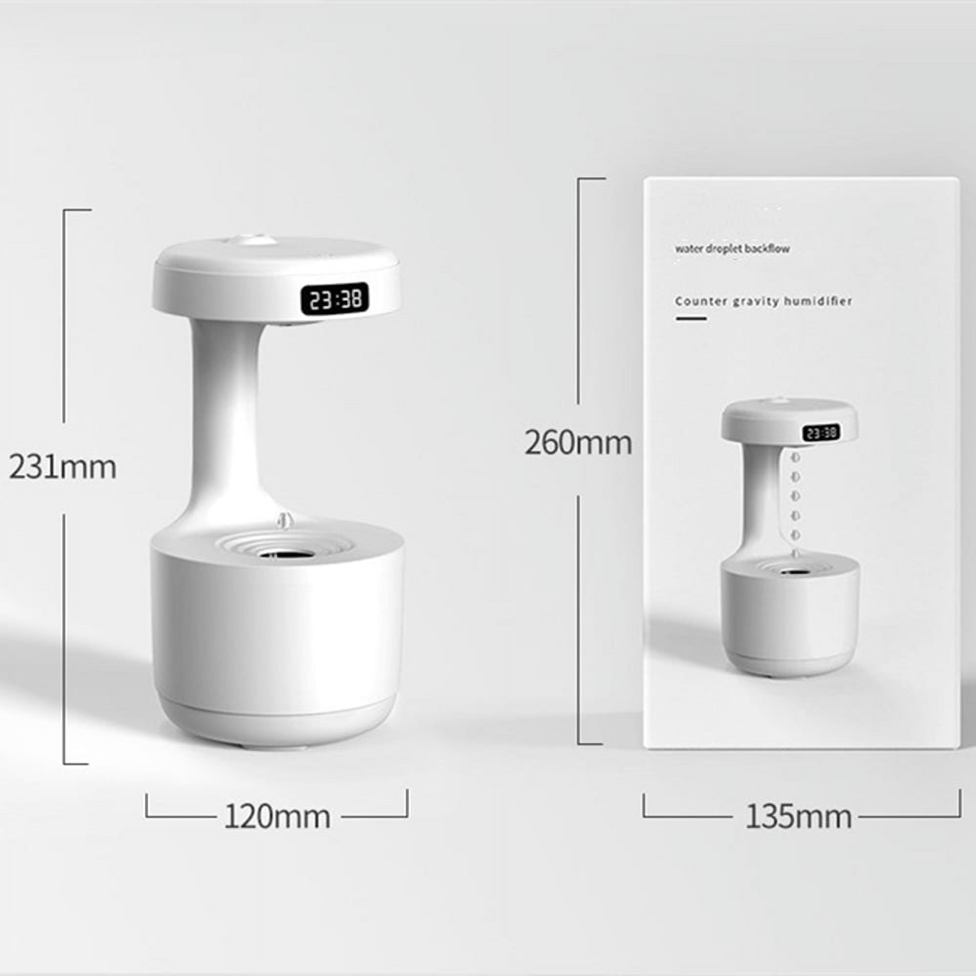 RAPOBRIX Anti-Gravity Water Drop Humidifier with Night Light & LED Clock - 800ml Cool Mist for Bedroom/Baby/Office (White)