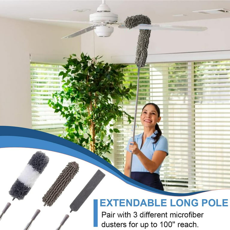LOMID Microfiber Duster with Extension Pole(Stainless Steel), Extra Long  100 inches, with Bendable Head, Extendable Duster for Cleaning High Ceiling