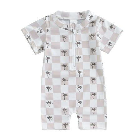 

Hirigin Baby Boys Rash Guard Short Sleeve Coconut Tree Print Plaid Jumpsuit