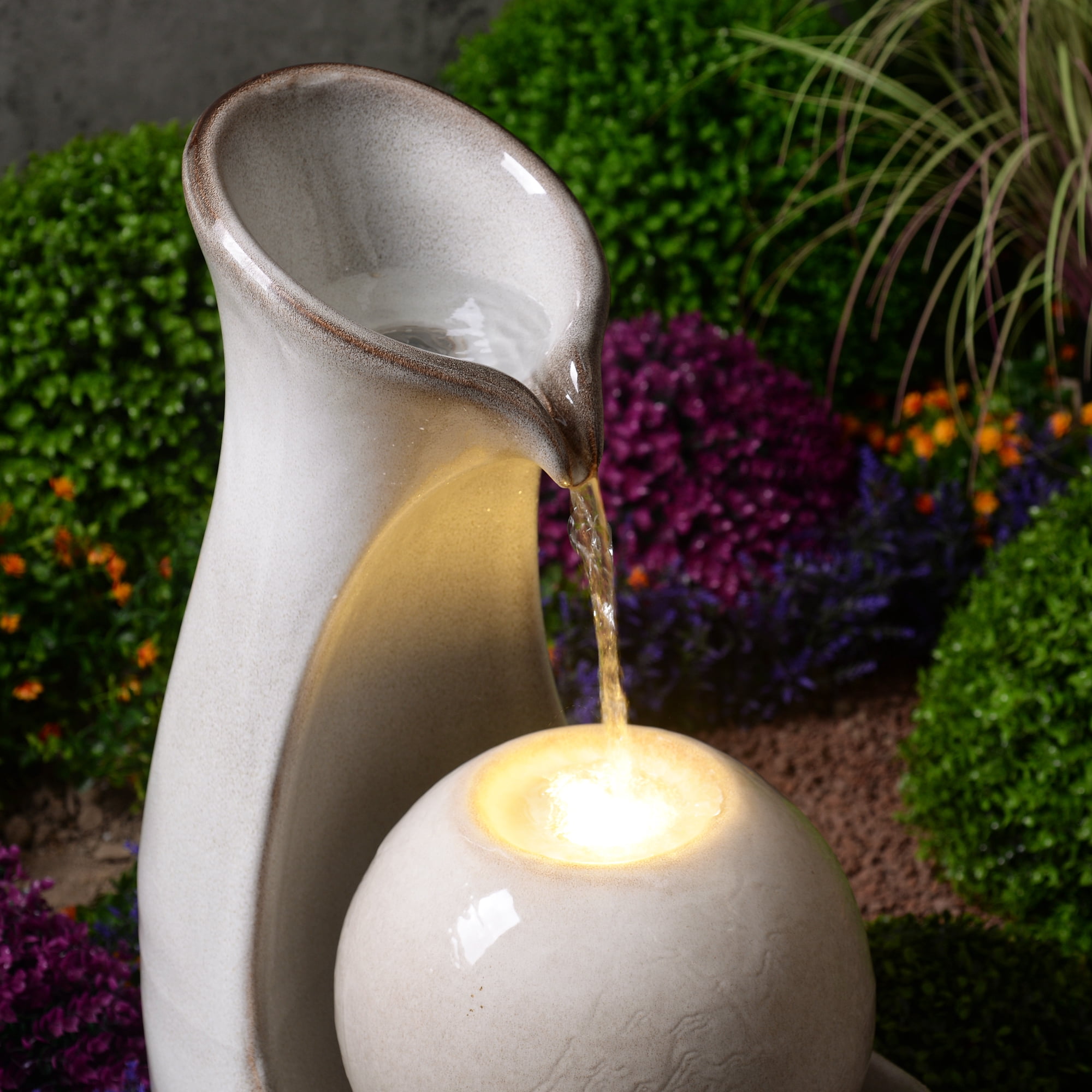 Hi-Line Gift Ceramic Fountain with Lights, Ivory Elegance, Outdoor Use