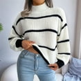 thumbnail image 6 of Womens Mock Neck Striped Chunky Knitted Sweater Winter Long Sleeve Pullover Sweaters Tops White M, 6 of 9