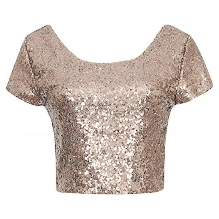 Womens Glitter Sequin Crop Top T-Shirt, Women's Teen Girls Shimmer