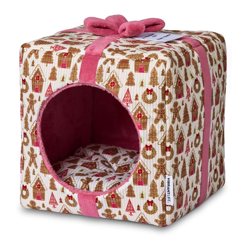 Vibrant Life Small Holiday Hideaway Dog Bed, Cat Bed Gingerbread
