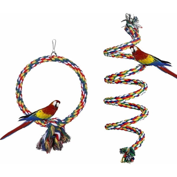 Juguetes para loros, 2 paquetes de juguetes colgantes para masticar periquitos con campana, cuerda de algodón de 59 pulgadas y columpio colgante de 7 pulgadas de diámetro para cacatúas
