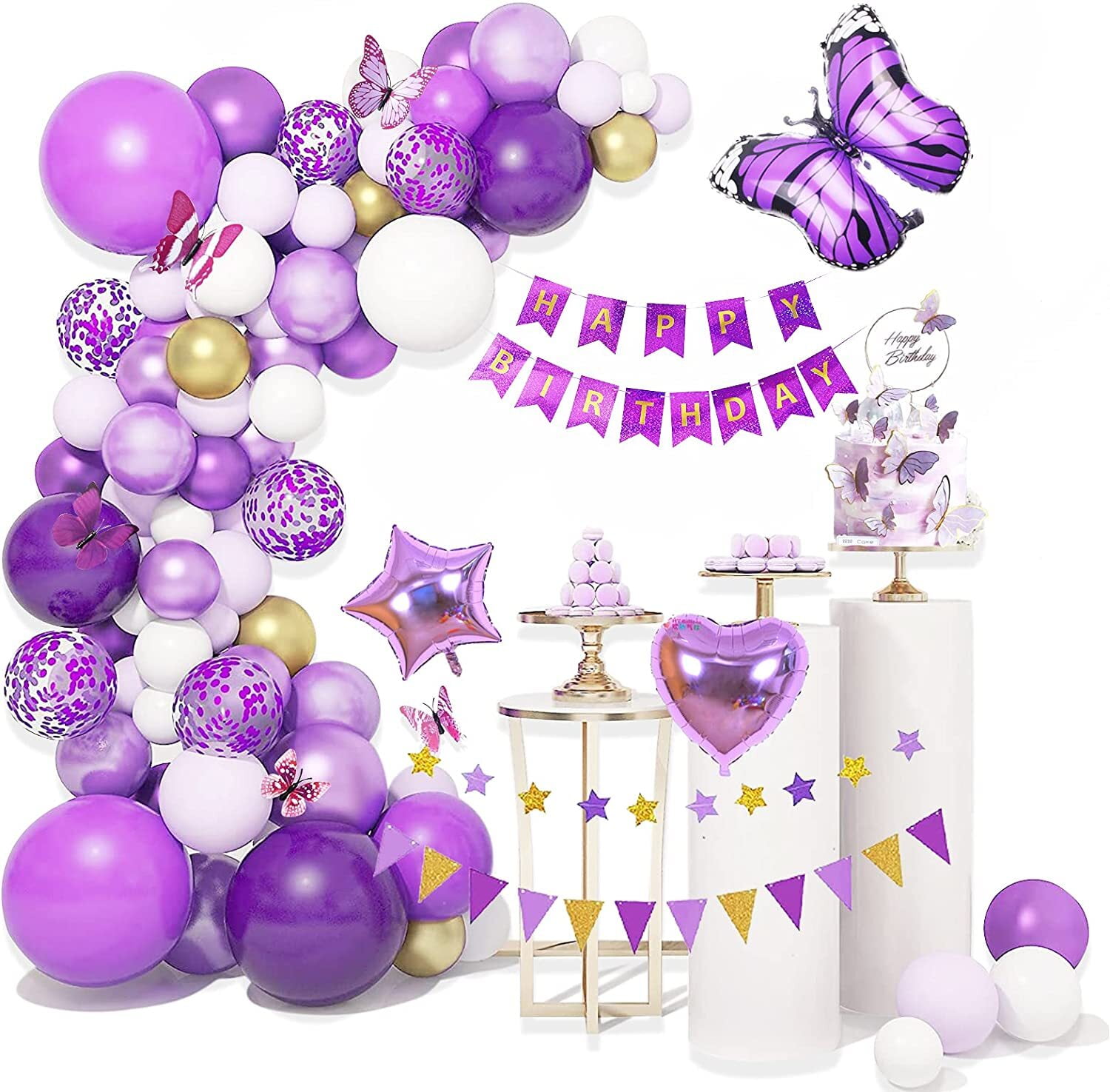 YANSION Birthday Decoration,Purple White Happy Birthday Banner Birthday Balloons Bunting Confetti Latex Balloons for Birthday Pastel Party Decorations for Girls Women with Butterfly Cake Decoration